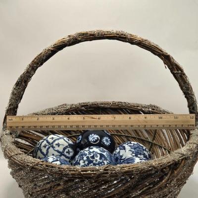 LOT 10L: Wicker Basket with Seven Blue and White Ceramic Decor Balls