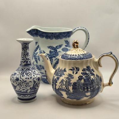 LOT 13L: Asian Porcelain Pitcher, Sadler Teapot, & Hand Painted Bud Vase From Portugal