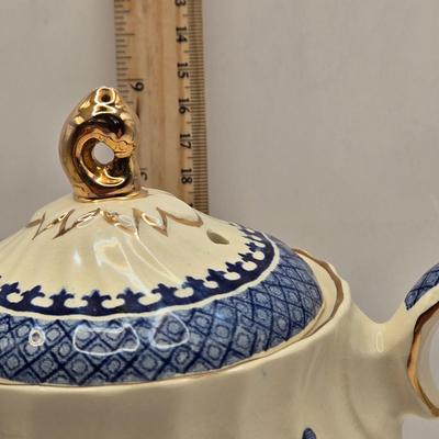 LOT 13L: Asian Porcelain Pitcher, Sadler Teapot, & Hand Painted Bud Vase From Portugal