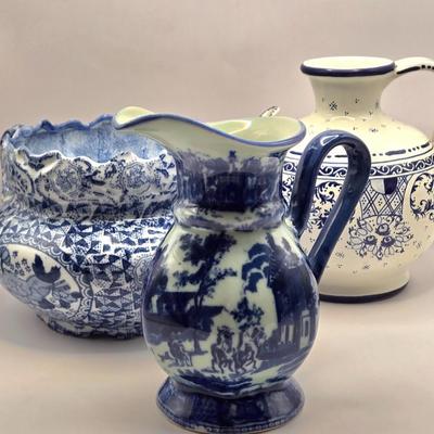 LOT 14L: Hand Made Pitcher with Makers Wording on Bottom, Victoria Ware Pitcher, & Unknown Maker Two Handled Bowl