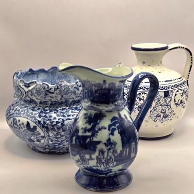 LOT 14L: Hand Made Pitcher with Makers Wording on Bottom, Victoria Ware Pitcher, & Unknown Maker Two Handled Bowl
