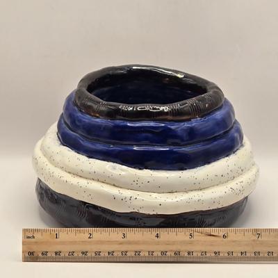 LOT 17L: Shades of Blue & White Bowl; Appears to be Hand Made, Boy Playing Flute Figurine, Small Schmid Brothers Angel, Two Willow...