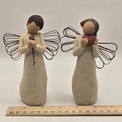 LOT 17L: Shades of Blue & White Bowl; Appears to be Hand Made, Boy Playing Flute Figurine, Small Schmid Brothers Angel, Two Willow...