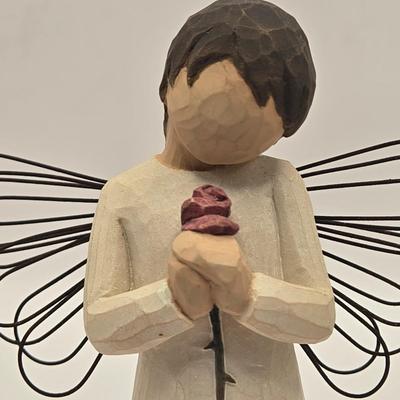 LOT 17L: Shades of Blue & White Bowl; Appears to be Hand Made, Boy Playing Flute Figurine, Small Schmid Brothers Angel, Two Willow...