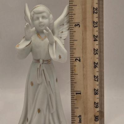 LOT 17L: Shades of Blue & White Bowl; Appears to be Hand Made, Boy Playing Flute Figurine, Small Schmid Brothers Angel, Two Willow...