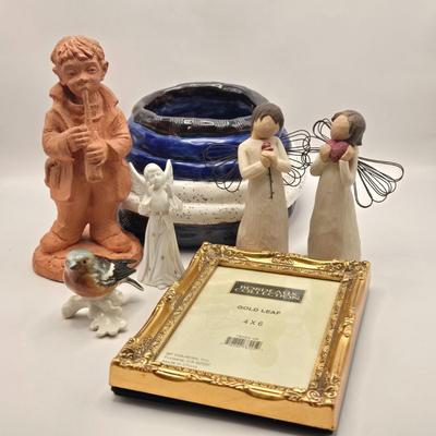 LOT 17L: Shades of Blue & White Bowl; Appears to be Hand Made, Boy Playing Flute Figurine, Small Schmid Brothers Angel, Two Willow...