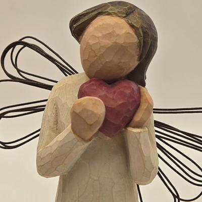 LOT 17L: Shades of Blue & White Bowl; Appears to be Hand Made, Boy Playing Flute Figurine, Small Schmid Brothers Angel, Two Willow...