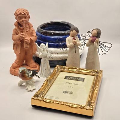 LOT 17L: Shades of Blue & White Bowl; Appears to be Hand Made, Boy Playing Flute Figurine, Small Schmid Brothers Angel, Two Willow...