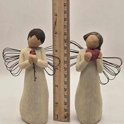 LOT 17L: Shades of Blue & White Bowl; Appears to be Hand Made, Boy Playing Flute Figurine, Small Schmid Brothers Angel, Two Willow...