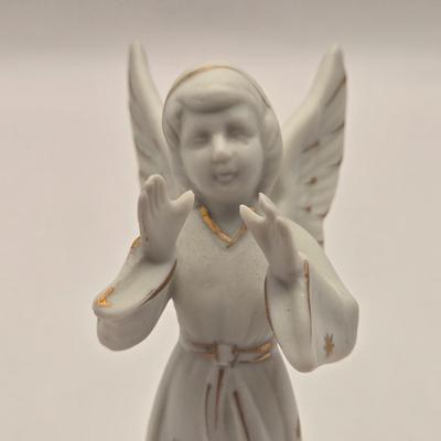 LOT 17L: Shades of Blue & White Bowl; Appears to be Hand Made, Boy Playing Flute Figurine, Small Schmid Brothers Angel, Two Willow...