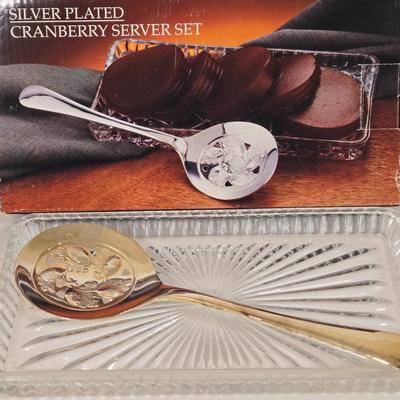 LOT 19L: Holiday Serving Ware Including Square Platter, Crystal Butter Dish, Silver Plated Cake Server, Cranberry Server Set, & More