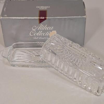 LOT 19L: Holiday Serving Ware Including Square Platter, Crystal Butter Dish, Silver Plated Cake Server, Cranberry Server Set, & More