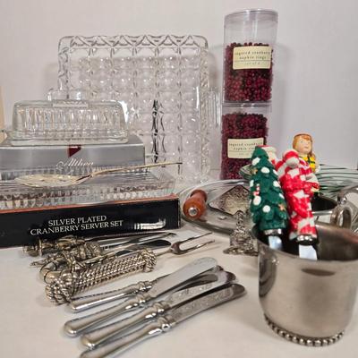LOT 19L: Holiday Serving Ware Including Square Platter, Crystal Butter Dish, Silver Plated Cake Server, Cranberry Server Set, & More