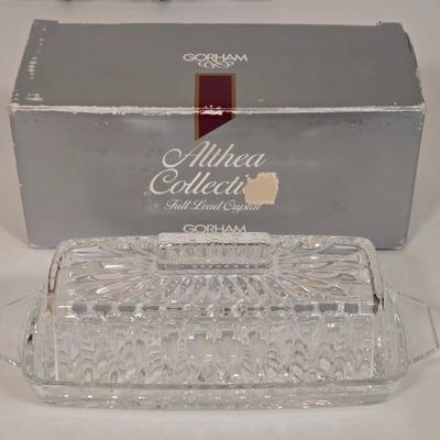 LOT 19L: Holiday Serving Ware Including Square Platter, Crystal Butter Dish, Silver Plated Cake Server, Cranberry Server Set, & More