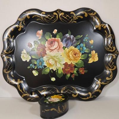 LOT 20L: Vintage Large Hand Painted Toleware Tray & Toleware "Silent Butler"
