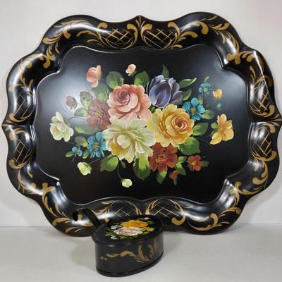 LOT 20L: Vintage Large Hand Painted Toleware Tray & Toleware "Silent Butler"