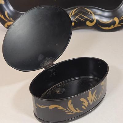 LOT 20L: Vintage Large Hand Painted Toleware Tray & Toleware "Silent Butler"