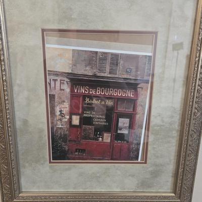 LOT 28L: Vintage Pam's Petals Print, "Vins De Bourgogne" Print, "Livres" Print, & Two Brass Toned Candle...