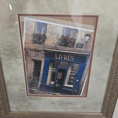 LOT 28L: Vintage Pam's Petals Print, "Vins De Bourgogne" Print, "Livres" Print, & Two Brass Toned Candle...