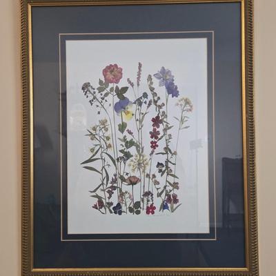 LOT 28L: Vintage Pam's Petals Print, "Vins De Bourgogne" Print, "Livres" Print, & Two Brass Toned Candle...