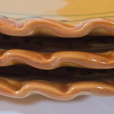 LOT 34D: Set of 4 Sur La Table Dinner Plates, Melamine Sunflower & Rooster 9 Inch Salad Plates, Pfaltzgraff Salad Plate, Gates Ware...