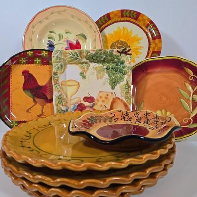 LOT 34D: Set of 4 Sur La Table Dinner Plates, Melamine Sunflower & Rooster 9 Inch Salad Plates, Pfaltzgraff Salad Plate, Gates Ware...