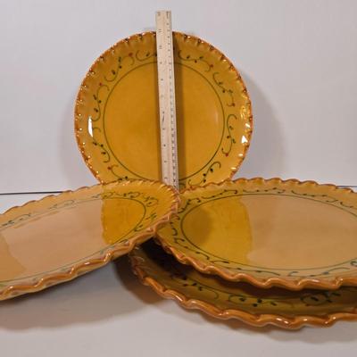 LOT 34D: Set of 4 Sur La Table Dinner Plates, Melamine Sunflower & Rooster 9 Inch Salad Plates, Pfaltzgraff Salad Plate, Gates Ware...