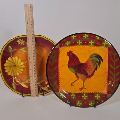 LOT 34D: Set of 4 Sur La Table Dinner Plates, Melamine Sunflower & Rooster 9 Inch Salad Plates, Pfaltzgraff Salad Plate, Gates Ware...
