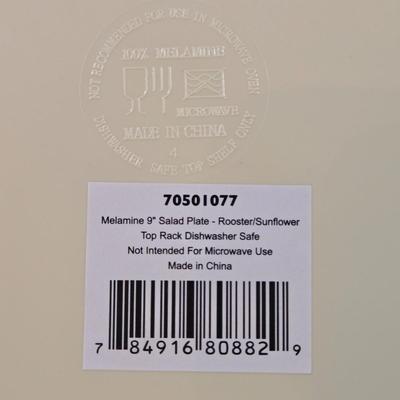 LOT 34D: Set of 4 Sur La Table Dinner Plates, Melamine Sunflower & Rooster 9 Inch Salad Plates, Pfaltzgraff Salad Plate, Gates Ware...