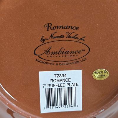 LOT 34D: Set of 4 Sur La Table Dinner Plates, Melamine Sunflower & Rooster 9 Inch Salad Plates, Pfaltzgraff Salad Plate, Gates Ware...