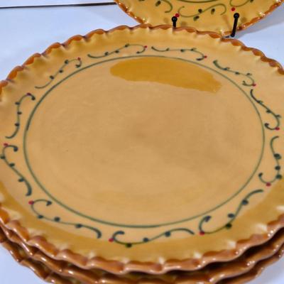 LOT 34D: Set of 4 Sur La Table Dinner Plates, Melamine Sunflower & Rooster 9 Inch Salad Plates, Pfaltzgraff Salad Plate, Gates Ware...