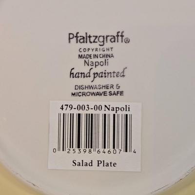 LOT 34D: Set of 4 Sur La Table Dinner Plates, Melamine Sunflower & Rooster 9 Inch Salad Plates, Pfaltzgraff Salad Plate, Gates Ware...