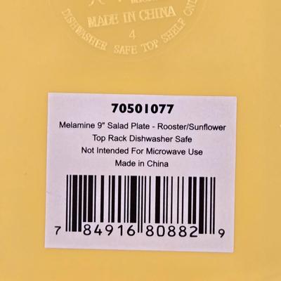 LOT 34D: Set of 4 Sur La Table Dinner Plates, Melamine Sunflower & Rooster 9 Inch Salad Plates, Pfaltzgraff Salad Plate, Gates Ware...
