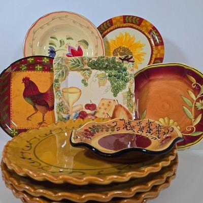 LOT 34D: Set of 4 Sur La Table Dinner Plates, Melamine Sunflower & Rooster 9 Inch Salad Plates, Pfaltzgraff Salad Plate, Gates Ware...