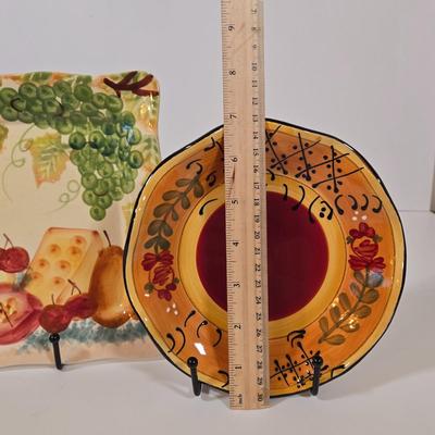 LOT 34D: Set of 4 Sur La Table Dinner Plates, Melamine Sunflower & Rooster 9 Inch Salad Plates, Pfaltzgraff Salad Plate, Gates Ware...