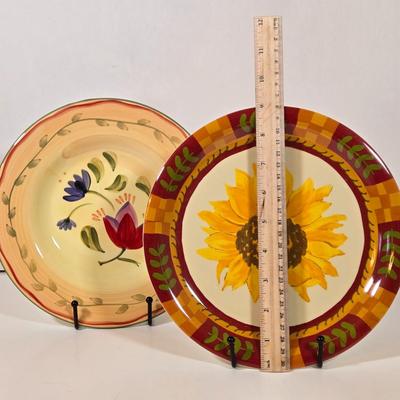 LOT 34D: Set of 4 Sur La Table Dinner Plates, Melamine Sunflower & Rooster 9 Inch Salad Plates, Pfaltzgraff Salad Plate, Gates Ware...