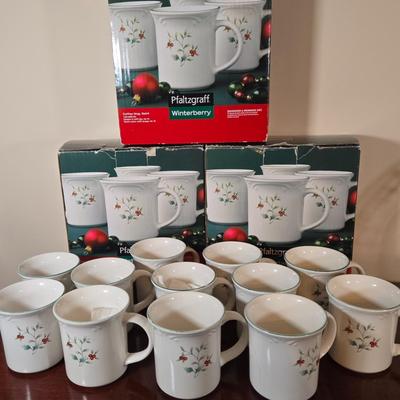 LOT 38D: Pfaltzgraff Winterberry Set of 12 Mugs, Platter, Glass Plate, Butter Dish, & Casserole Pan
