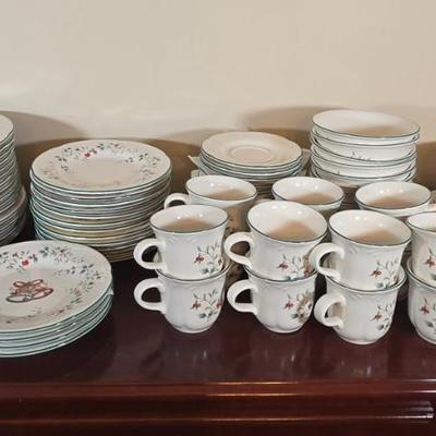 LOT 39D: Complete Set of Pfaltzgraff Winterberry Dinner Ware For 14 Including Salt & Pepper Shakers, Gravy Boat, Cream & Sugar,...