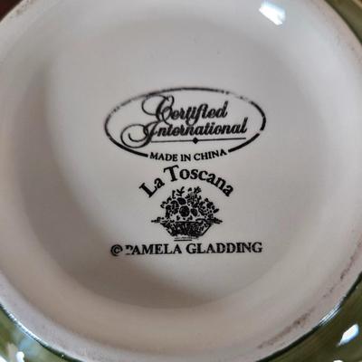 LOT 40L: La Toscana Serving Platter, Incomplete Set for 8 Dinner Plates, Salad Plates, Soup Bowls, Dessert Bowls, Olive Tray, & Canister