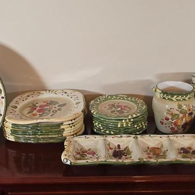 LOT 40L: La Toscana Serving Platter, Incomplete Set for 8 Dinner Plates, Salad Plates, Soup Bowls, Dessert Bowls, Olive Tray, & Canister