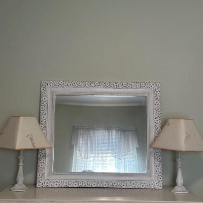 LOT 42A: Wooden Floral Framed Mirror & Two Floral Table Lamps