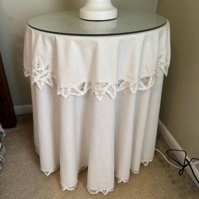 LOT 44A: Two Wooden Side Tables w/ Floral Table Lamp