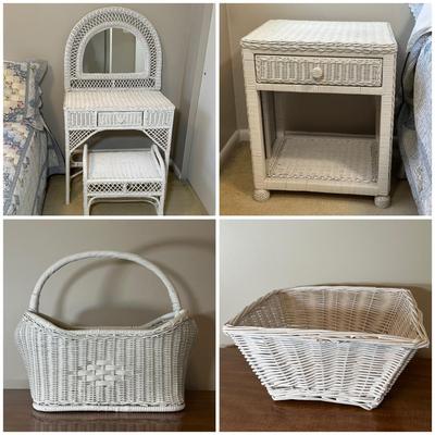LOT 46B: White Wicker Vanity, Bench, Side Table & Basket Collection
