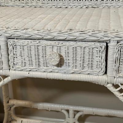 LOT 46B: White Wicker Vanity, Bench, Side Table & Basket Collection