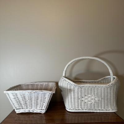 LOT 46B: White Wicker Vanity, Bench, Side Table & Basket Collection