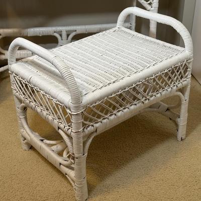 LOT 46B: White Wicker Vanity, Bench, Side Table & Basket Collection