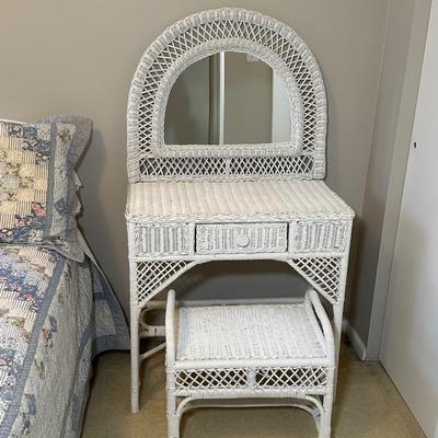 LOT 46B: White Wicker Vanity, Bench, Side Table & Basket Collection