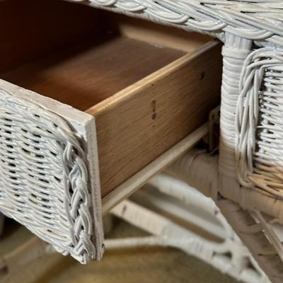 LOT 46B: White Wicker Vanity, Bench, Side Table & Basket Collection