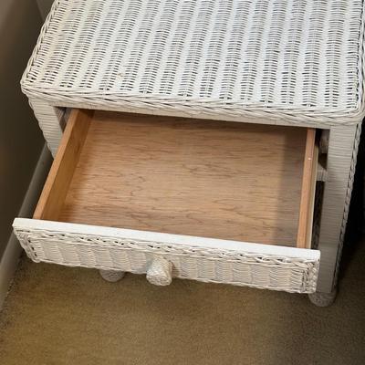 LOT 46B: White Wicker Vanity, Bench, Side Table & Basket Collection