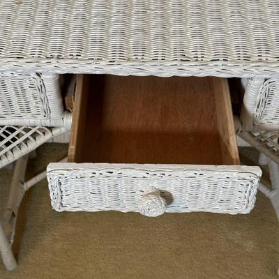 LOT 46B: White Wicker Vanity, Bench, Side Table & Basket Collection